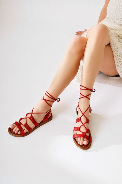 Limoya Genuine Leather Ruut Red Rivet Detailed Ankle Strap Women's Sandals