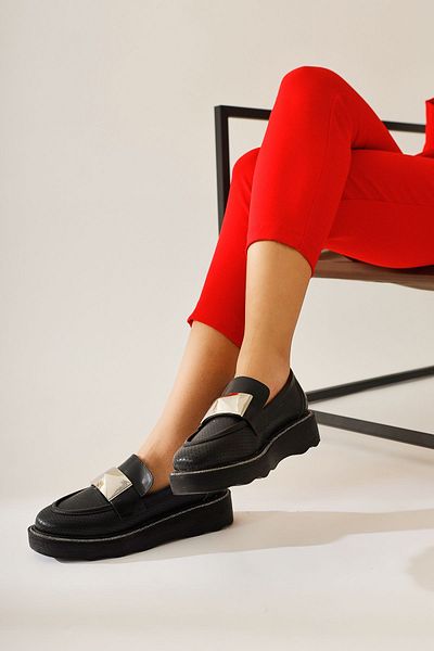 Limoya Khloe Black Buckle Detailed Perforated Moccasin, Women's Loafer Shoes