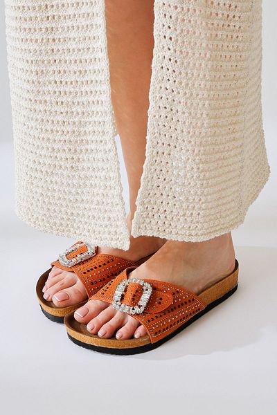 Limoya Carolinne Orange, Orange Single Banded Women's Slippers with Stone Detail and Buckle