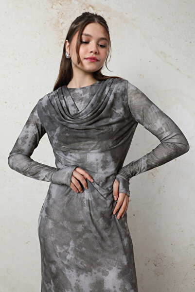 ZÜLAYS Batik Desen Tül Elbise Füme