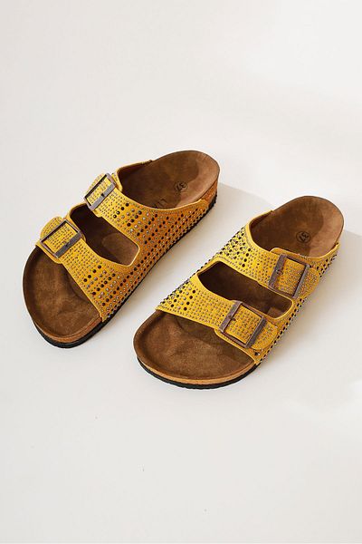Limoya Genuine Leather Aire Yellow Double Banded Women's Slippers with Stone Detail