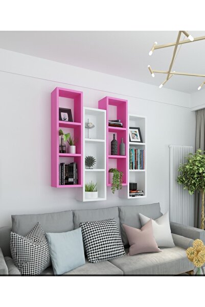 Dekormer Design Kitaplık Modern Ev Duvar Rafı Pembe Beyaz 4 Lü Takım
