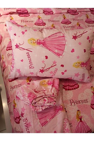 ŞENER HOME Girl's Princes Patterned Bed Sheet Elastic Single Pique Set - Pink