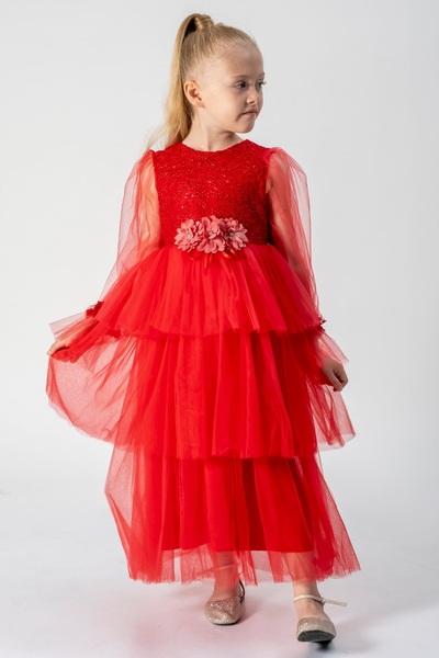 DFN Rochie de seara din tul cu maneci lungi brodate cu margele