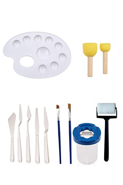 everart Resim Paleti, Ponpon, Spatula Seti, Su Kabı, Rulo Fırça, Kesik Uçlu Fırça