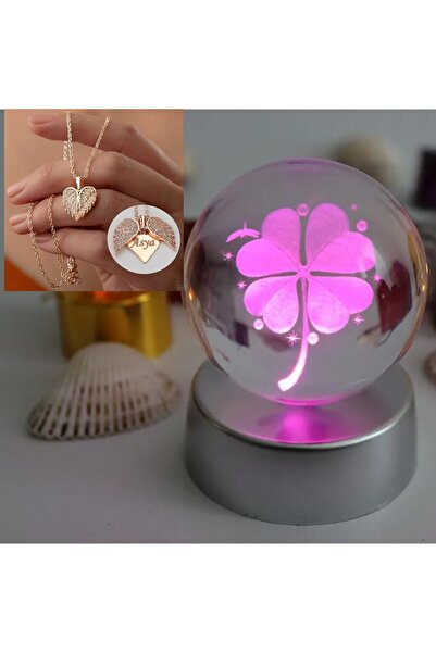 keyfim shop İsme Özel Kolye Hediyeli 4 Yapraklı Yonca 3 Boyutlu Cam Işıklı Küre