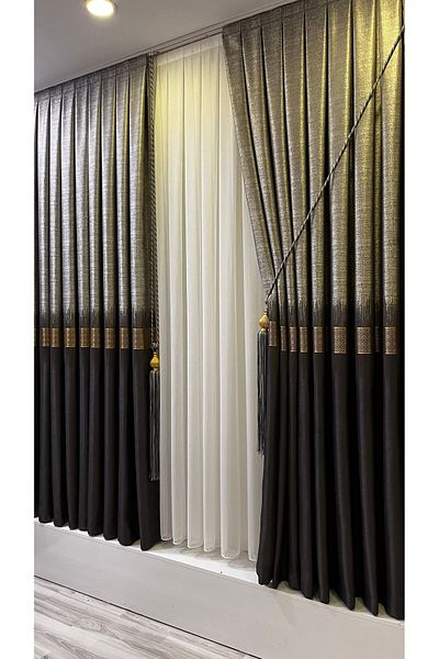 Fon Dünyası Panel Background Curtain Gray Anthracite Gold Stripe (Single Wing)