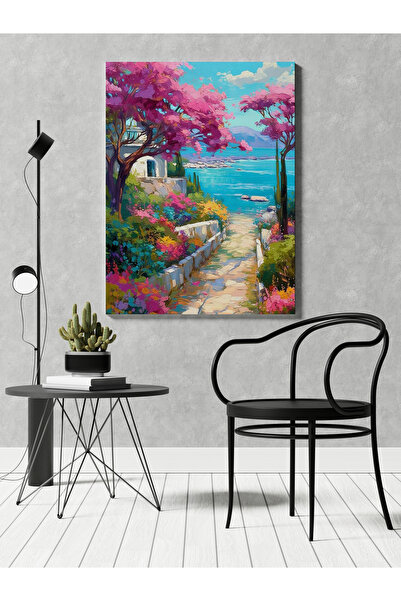 RUGSMODERN Kanvas Tablo Pembe Ağaç ve Deniz Manzaralı Desenli Modern Tablo