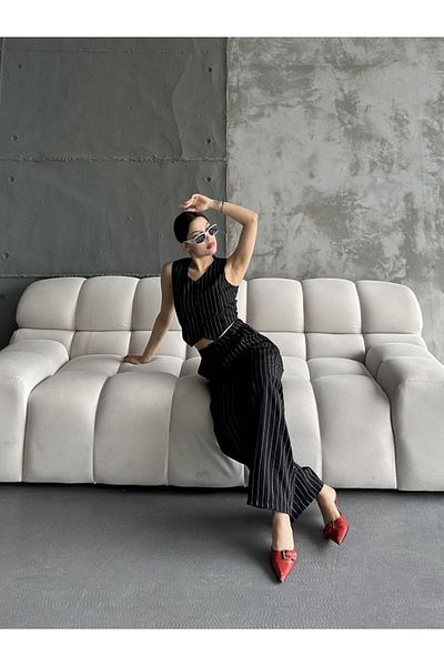 ubmbutik High Waist Palazzo Pants and Short Crop Vest - Striped Women's Set