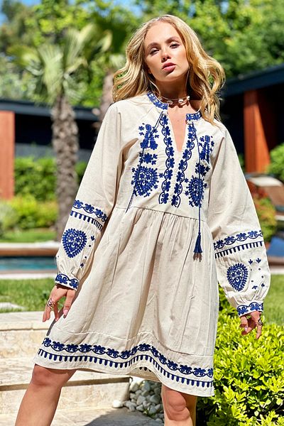 Trend Alaçatı Stili Raw Linen V-Neck Embroidered Women's Dress - ALC-X12419