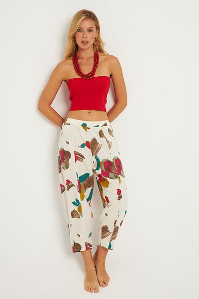 Cool & Sexy Ecru-Fuchsia gemusterte Baggy-Hose aus Leinen für Damen - K1253
