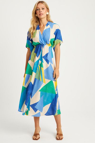 Cool & Sexy Rochie midi de damă cu model albastru la dublu piept - HT108
