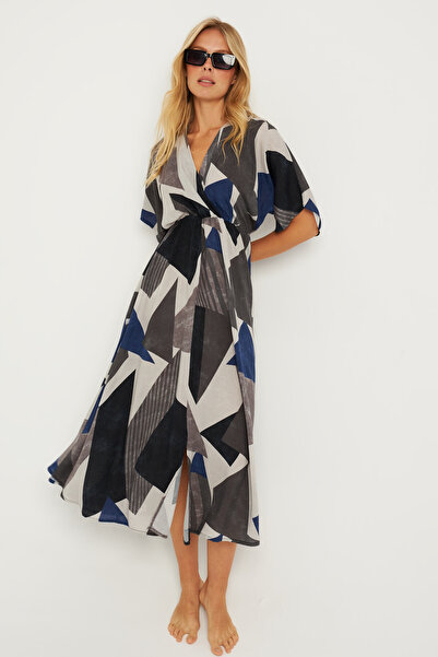 Cool & Sexy Dámské dvouřadé midi šaty s antracitovým vzorem - HT108