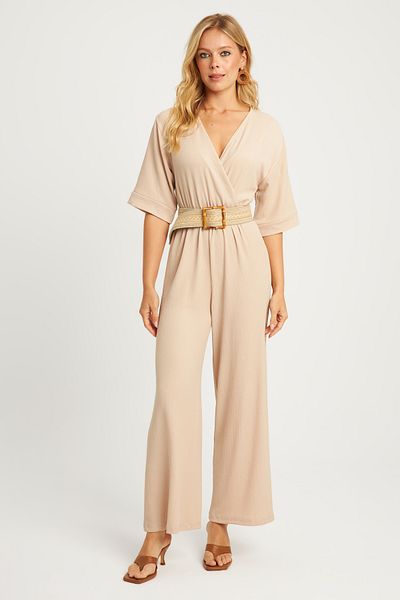 Cool & Sexy Vanille Zweireihiger Damen Jumpsuit mit Gürtel - Wrap XL2009