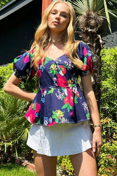 Trend Alaçatı Stili Navy Blue Watermelon Sleeve Patterned Poplin Women's Blouse - Kiss Collar ALC-X12411