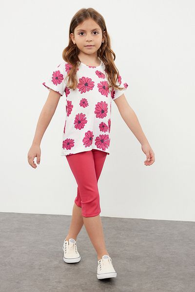 TRENDYOLKIDS طقم بناتي محبوك منقوش بالزهور الوردية - TKDSS24AU00031