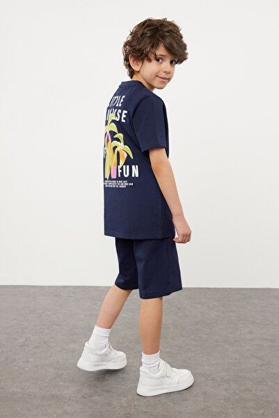 TRENDYOLKIDS Navy Blue Male Child 100% Cotton Tropical Printed Knitted T-Shirt Shorts Bottom-Top Suit Tkdss24Au00005