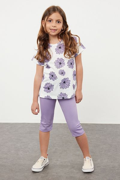 TRENDYOLKIDS Lila lány pamut virágos nyomott mintás póló-leggings kötött alsó-felső szett TKDSS24AU00032