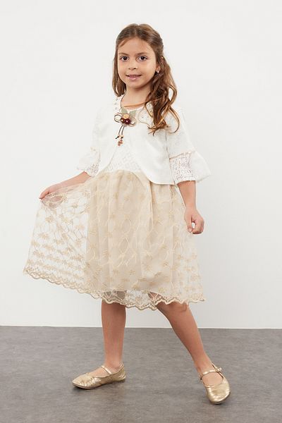 TRENDYOLKIDS Πέτρινο κοριτσίστικο φόρεμα με λουλούδια Bolero - TKDSS24EL00014