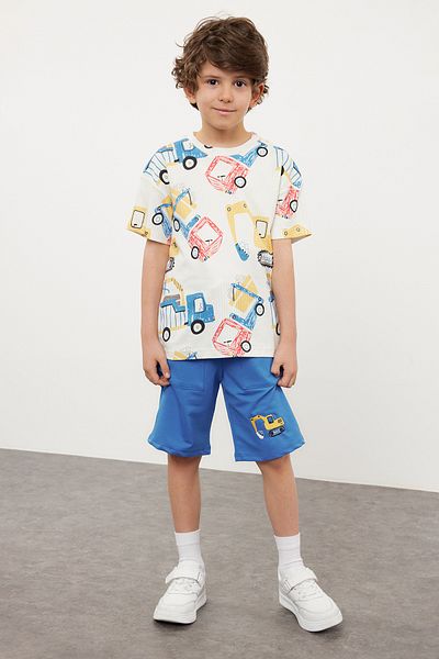 TRENDYOLKIDS Boy's Cotton Car Print T-Shirt and Shorts Set - Ecru Tkdss24Au00026