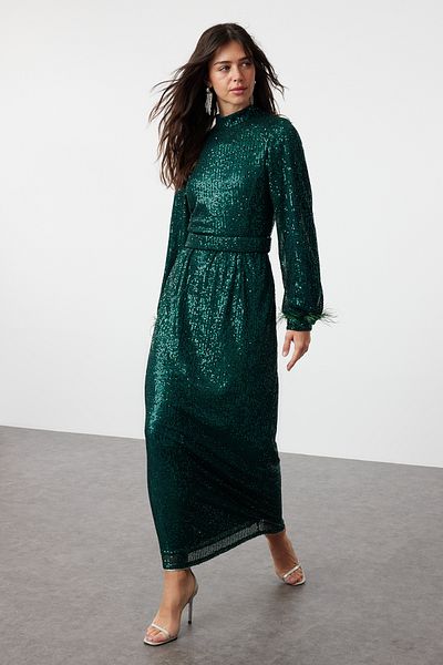 Trendyol Modest Flitrované smaragdově zelené večerní šaty s detailem Otriş - TCTSS24DB00049