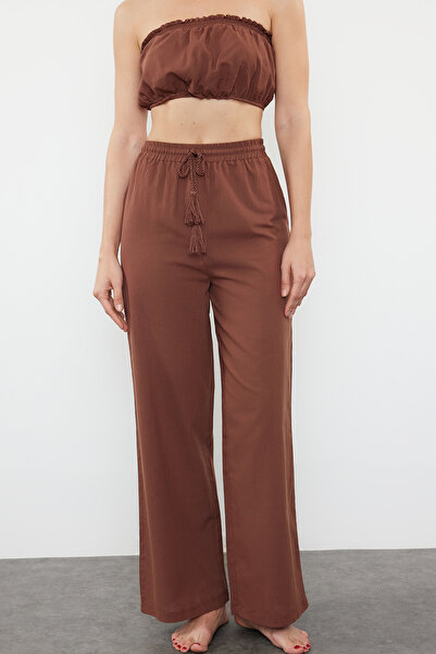 Trendyol Collection Σετ παραλίας 100% βαμβακερό καφέ μπλούζα και παντελόνι - TBESS21AU0444