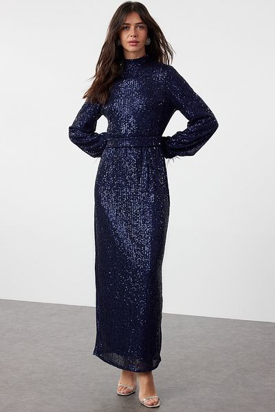Trendyol Modest Marineblaues Abendkleid mit Pailletten - Otriş Detailed TCTSS24DB00049