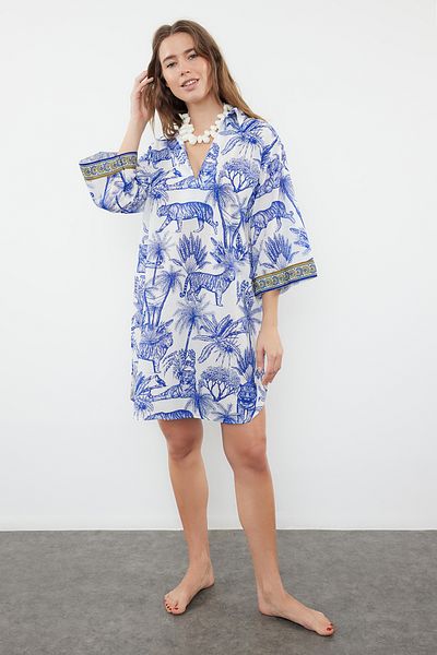 Trendyol Collection Wide Fit Tropical Print Midi Beach Dress - 100% Cotton TBESS24EL00047