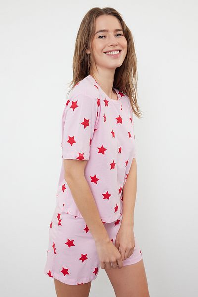 Trendyol Collection Star Print 100% pamut rózsaszín pizsama és rövidnadrág szett - THMSS22PT0501