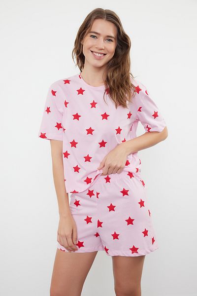 Trendyol Collection Star Print 100% pamut rózsaszín pizsama és rövidnadrág szett - THMSS22PT0501