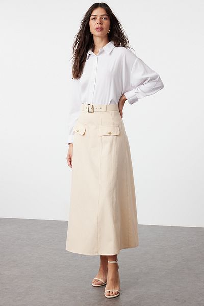 Trendyol Modest Gabardine bézs szőtt szoknya – részletes zseb, TCTSS24EE00016