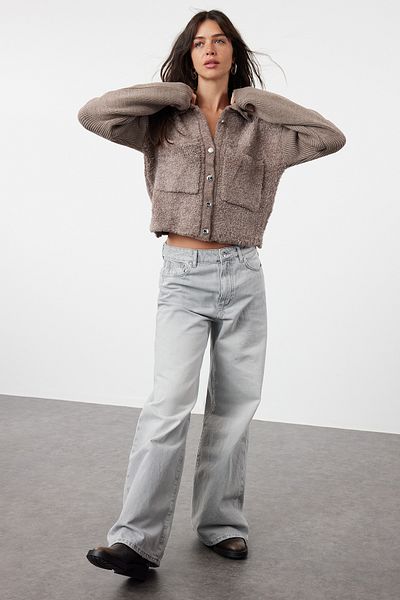 Trendyol Collection Mink Oversize/Wide Fit Bouclé Polo Collar Coat Look Knitwear Cardigan Twoaw25Hi00076