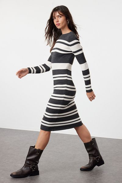Trendyol Collection Knitwear Striped Midi Dress - Anthracite Twoaw23El00539