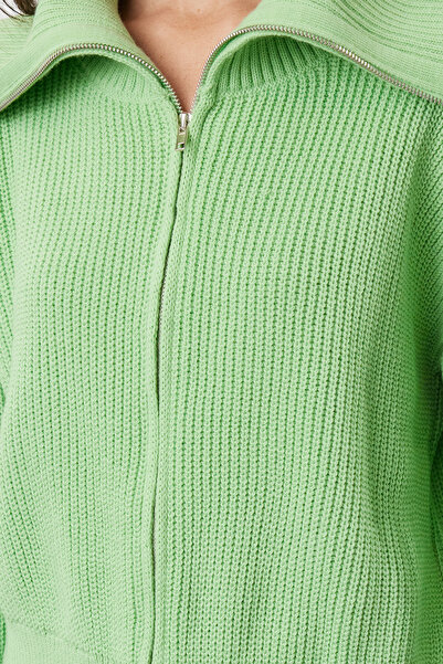 Trendyol Collection Turn-Down Collar Zippered Wide Knitwear Cardigan - Mint Twoaw24Hi00072