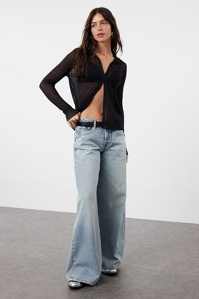 Trendyol Collection Kardigan Premium Black Knitwear - Przezroczysty wygląd, specjalna włóczka Twoaw25Hi00045