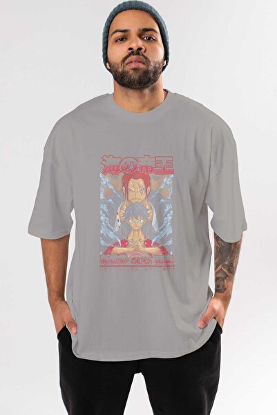 Ankhises MONKEY D. LUFF і SHANKS Аніме-принт Сірий Oversize Бавовняний T-shir...