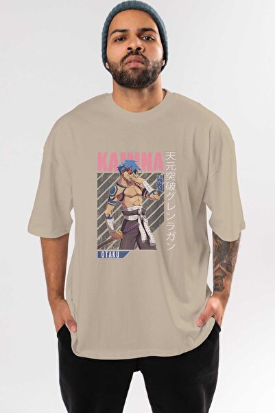 Ankhises Kamina 5 Anime Front Štampano Bež Oversize kroj T-shirt Muškarci Žene