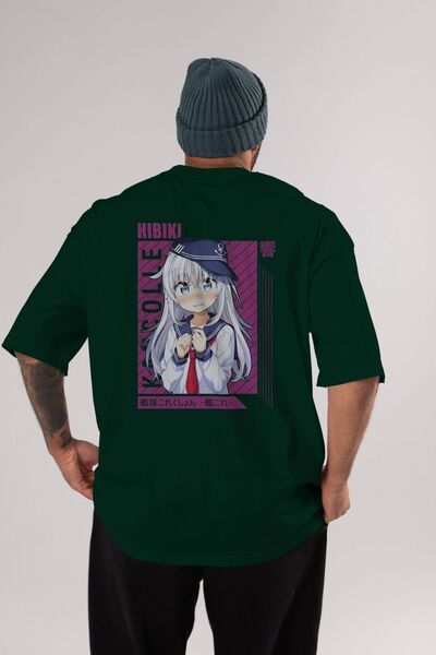 Ankhises Hibiki 4 Anime Back Štampano Emerald Green Oversize kroj T-shirt Pam...