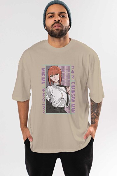Ankhises Чоловічий жіночий аніме-футболка з принтом, бежева, оверсайз - Makim...