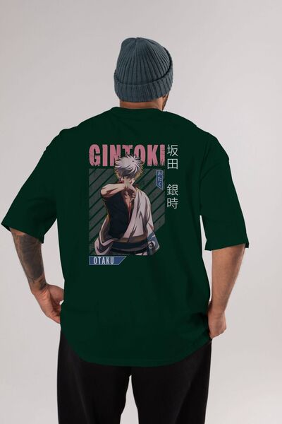 Ankhises Gintoki Sakata Anime Back Štampano Emerald Green Oversize kroj T-shi...