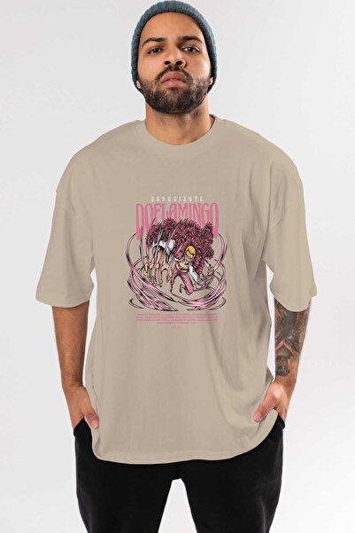 Ankhises Doflamingo Anime Prednja Štampano Bež Oversize kroj T-shirt Muškarci...