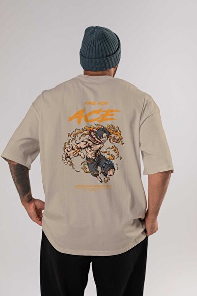 Ankhises Fire Fist Ace Anime Leđa Štampano Bež Oversize kroj T-shirt 100% pam...