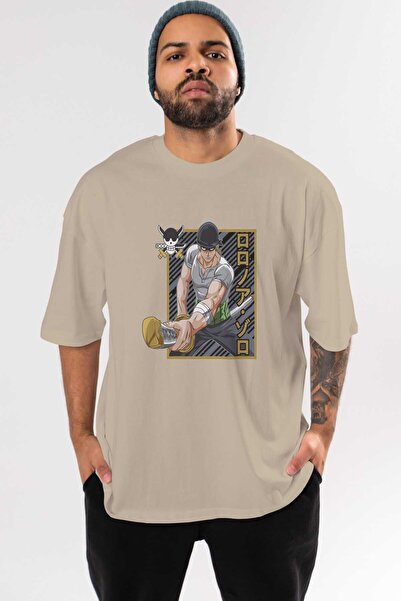 Ankhises RORONOA ZORO Anime Front Štampano Bež Oversize kroj T-shirt Muškarci...