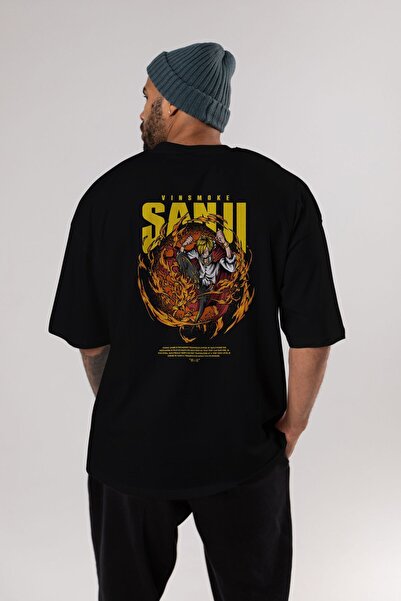Ankhises Tricou negru supradimensionat Vinsmoke cu model Sanji Anime - Bărbaț...