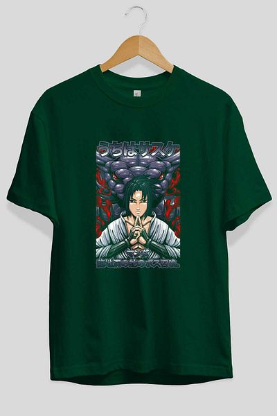 Ankhises Ανδρικό γυναικείο μπλουζάκι NARUTO SASUKE UCHIHA με στάμπα σμαραγδένιο πράσινο oversize