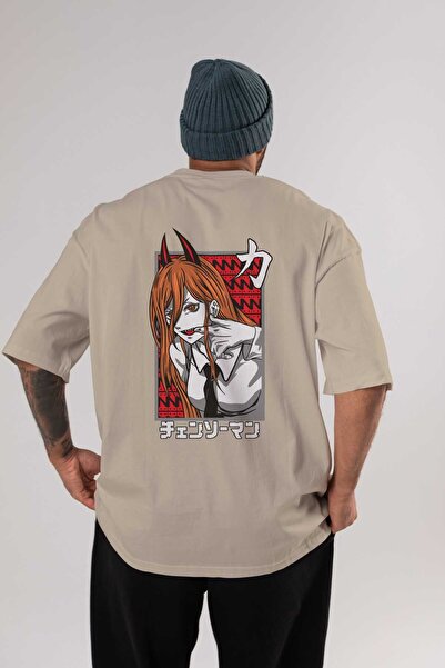 Ankhises CHAINSAWMAN POWER Аніме з принтом на спині Бежевий Oversize футболка...