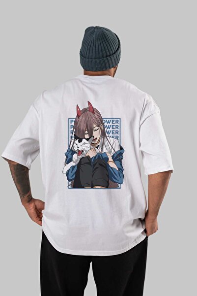 Ankhises Тениска POWER CHAINSAWMAN с аниме и щампа на гърба, бяла, голям разм...