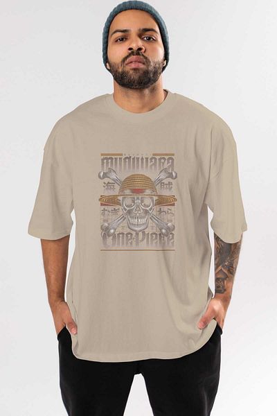 Ankhises ONE PIECE (2) Tricou supradimensionat bej cu imprimeu anime pentru bărbați și femei