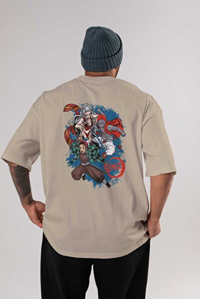 Ankhises TANJIRO, AKAZA, DAKI Anime Leđa Štampano Bež Oversize kroj T-shirt 1...
