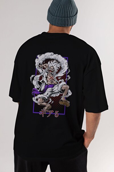 Ankhises LUFFY GEAR 5 RECUADRO Anime Spate Imprimat Negru Tricou Oversize bărbați Femei